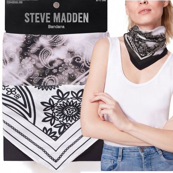 STEVE MADDEN Women’s 2 PK/PCS Printed Cotton Bandanas Scarves in Black/White - Picture 1 of 6